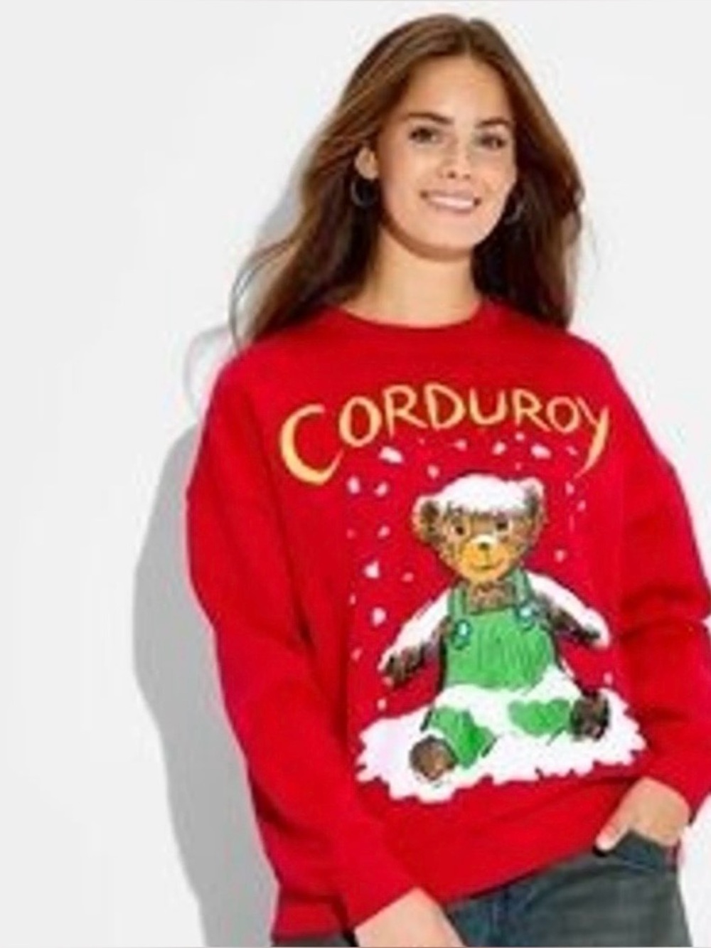 Ripple Junction Red Corduroy Bear Graphic Sweatshirt